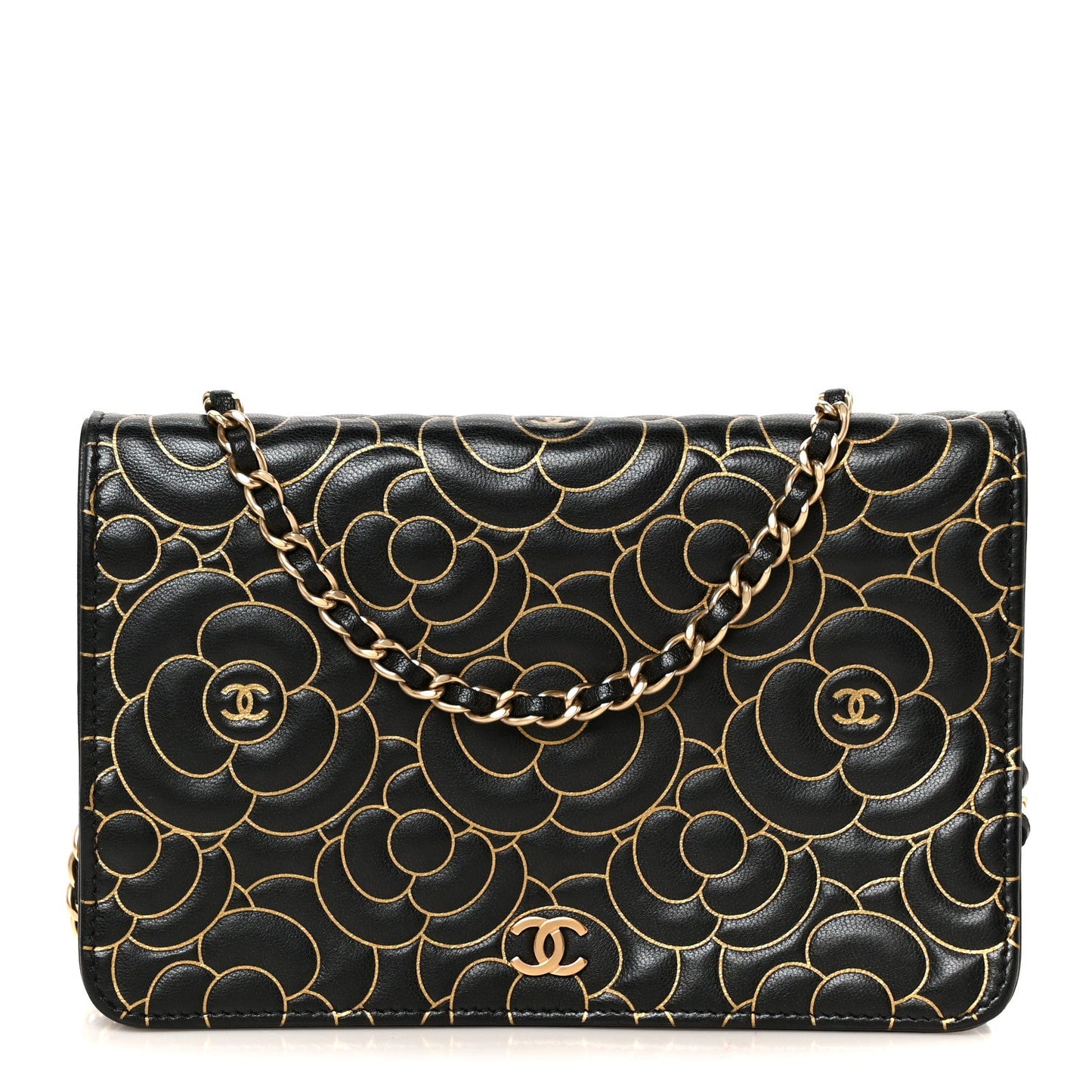 Lambskin Camellia Embossed Wallet On Chain WOC Black Gold