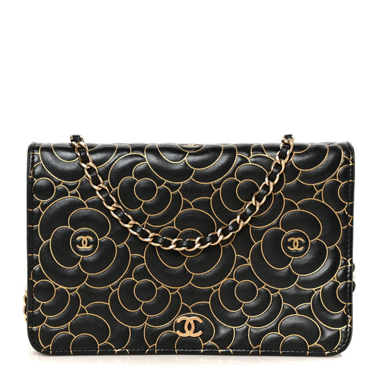 Lambskin Camellia Embossed Wallet On Chain WOC Black Gold