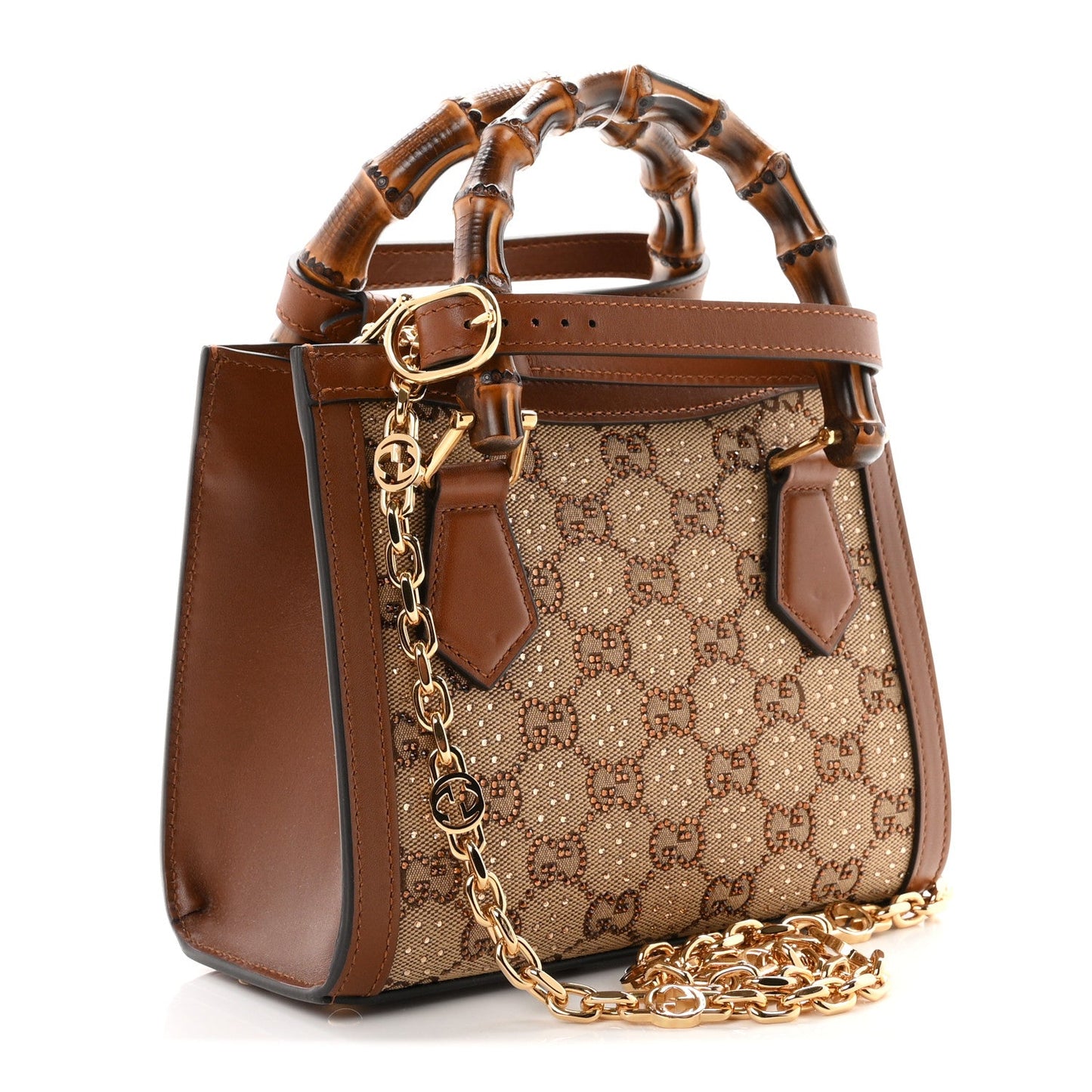 New Canvas Charisma Calfskin Crystal GG Monogram Mini Diana Tote Bag Camel Ebony