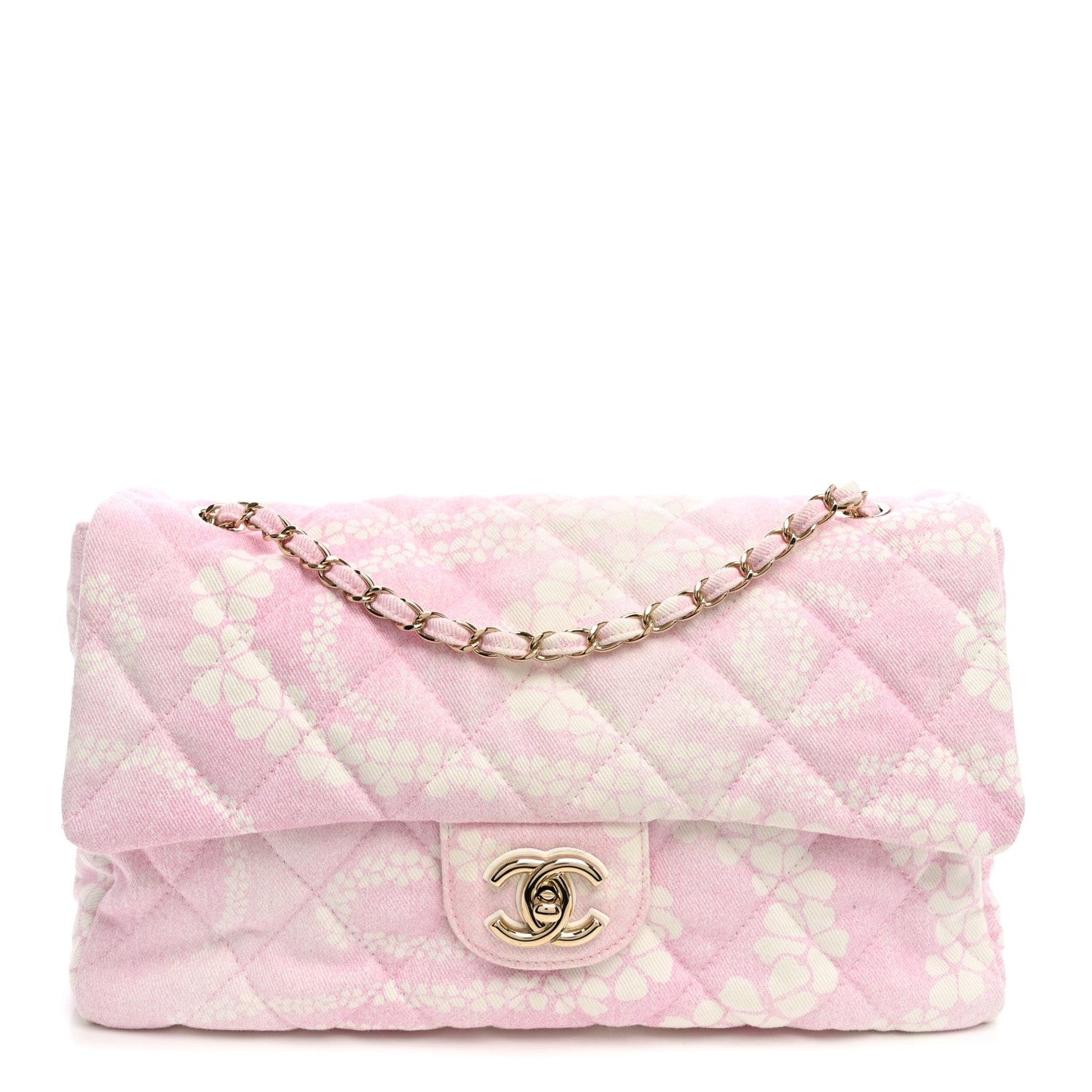 Printed Denim Quilted Maxi Single Flap Bag Pink White