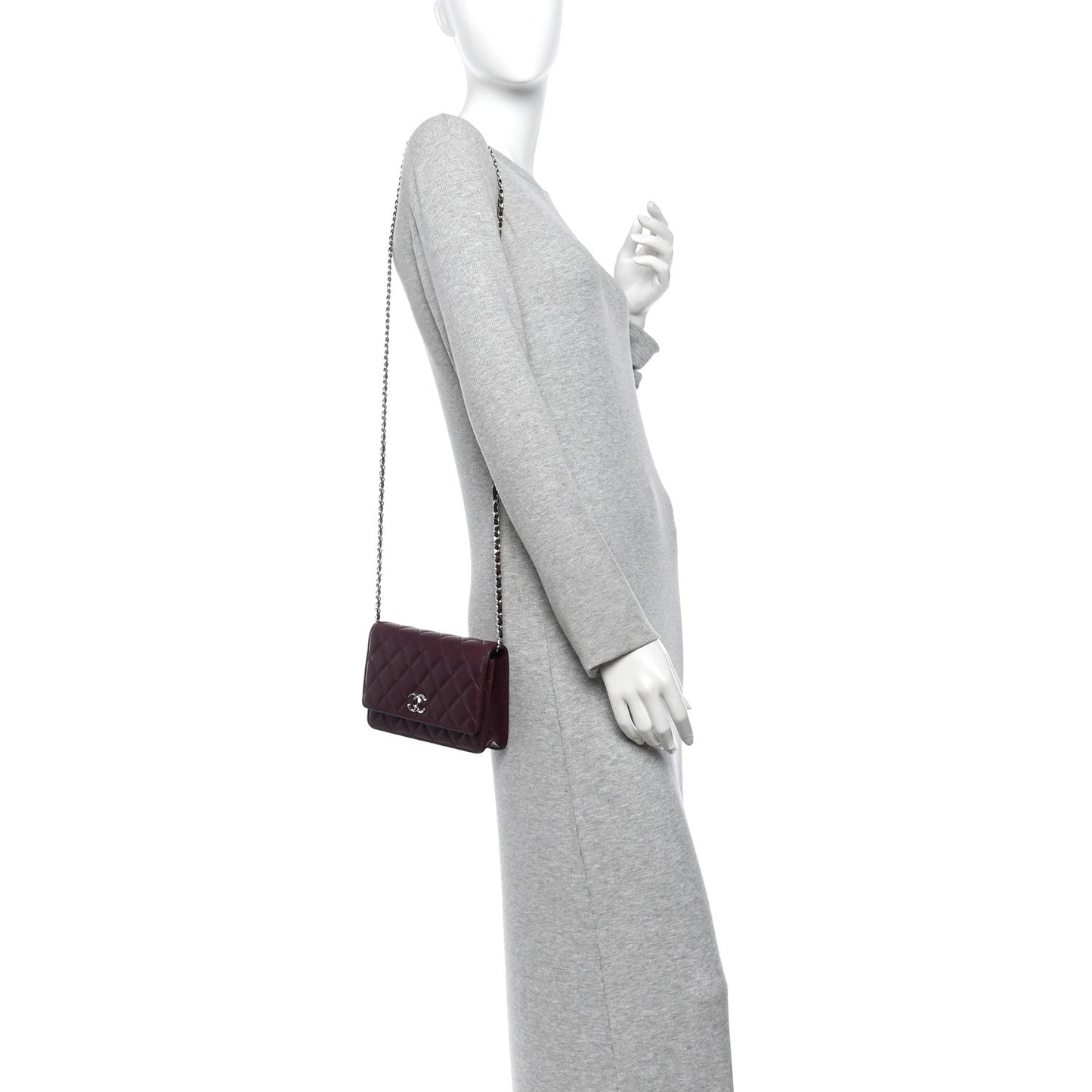 Lambskin Quilted Enamel CC Wallet On Chain WOC Burgundy