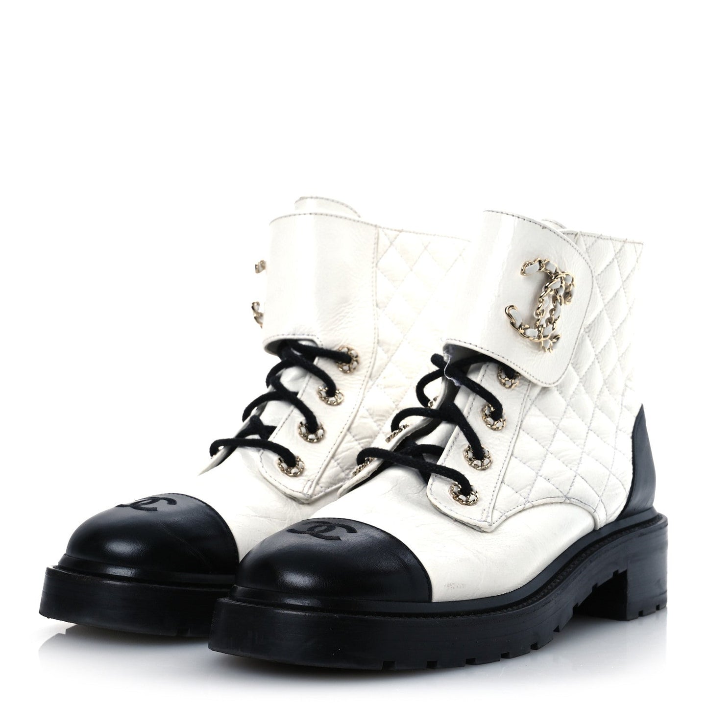 Shiny Goatskin Calfskin Quilted Lace Up Combat Boots 41.5 White Black