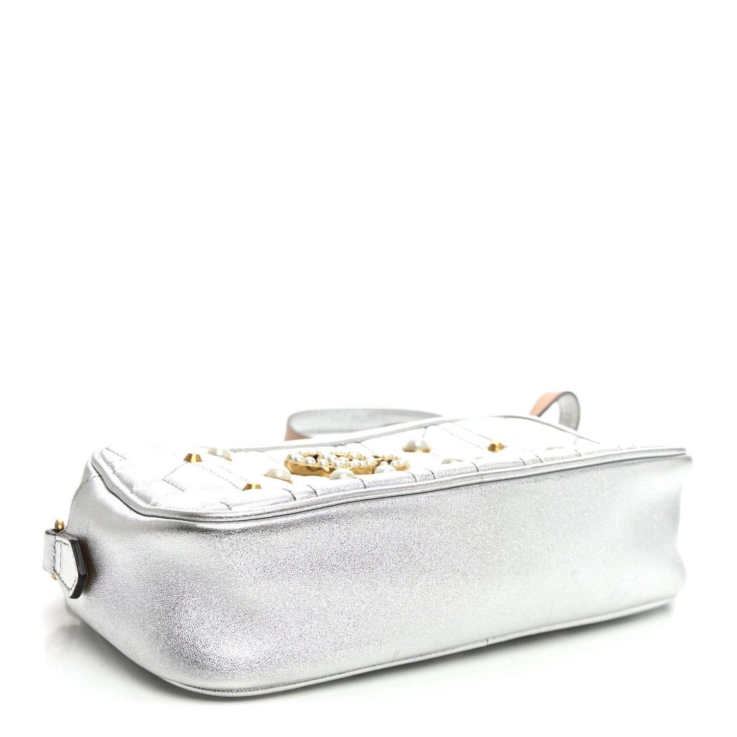 Metallic Calfskin Matelasse Studded Small Pearly GG Marmont Chain Shoulder Bag Silver