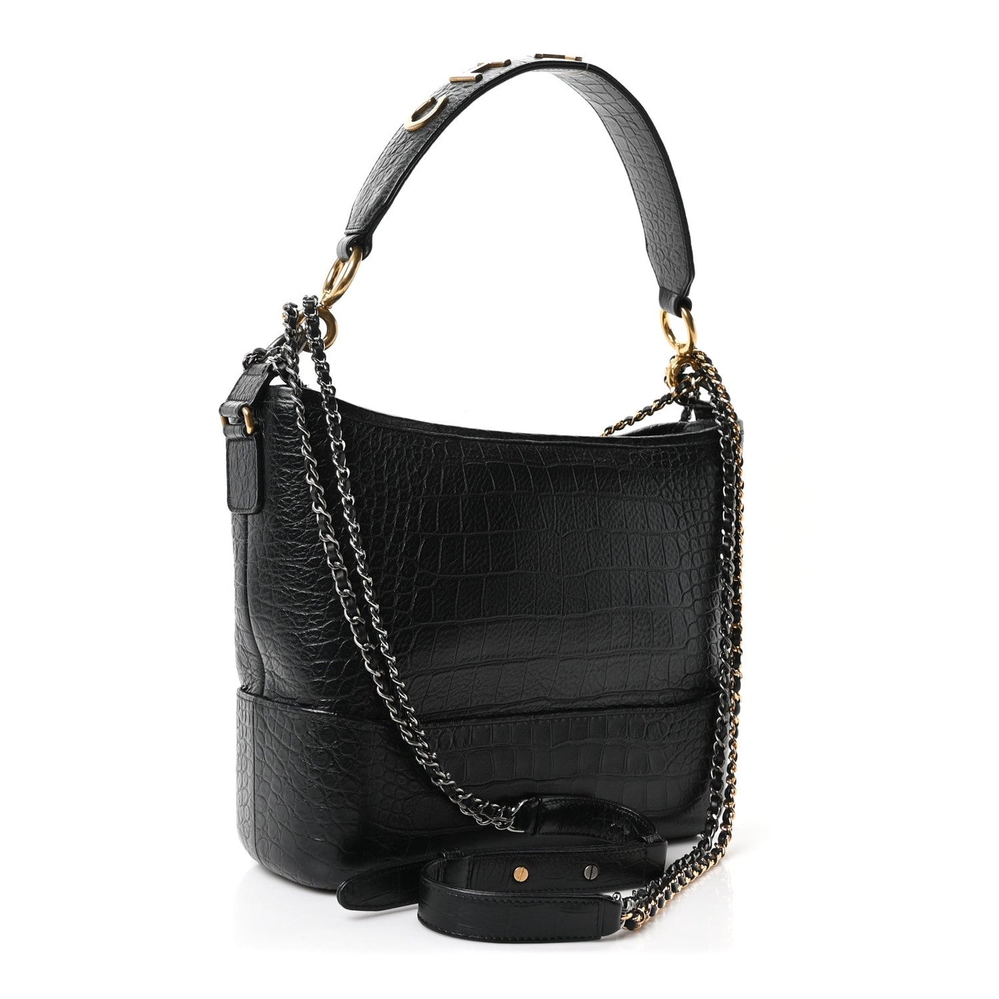 Crocodile Embossed Calfskin Medium Gabrielle Cocodile Hobo Black