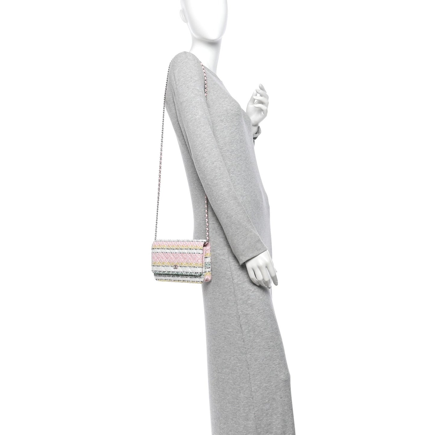 Metallic Tweed Quilted Wallet On Chain WOC White Multicolor