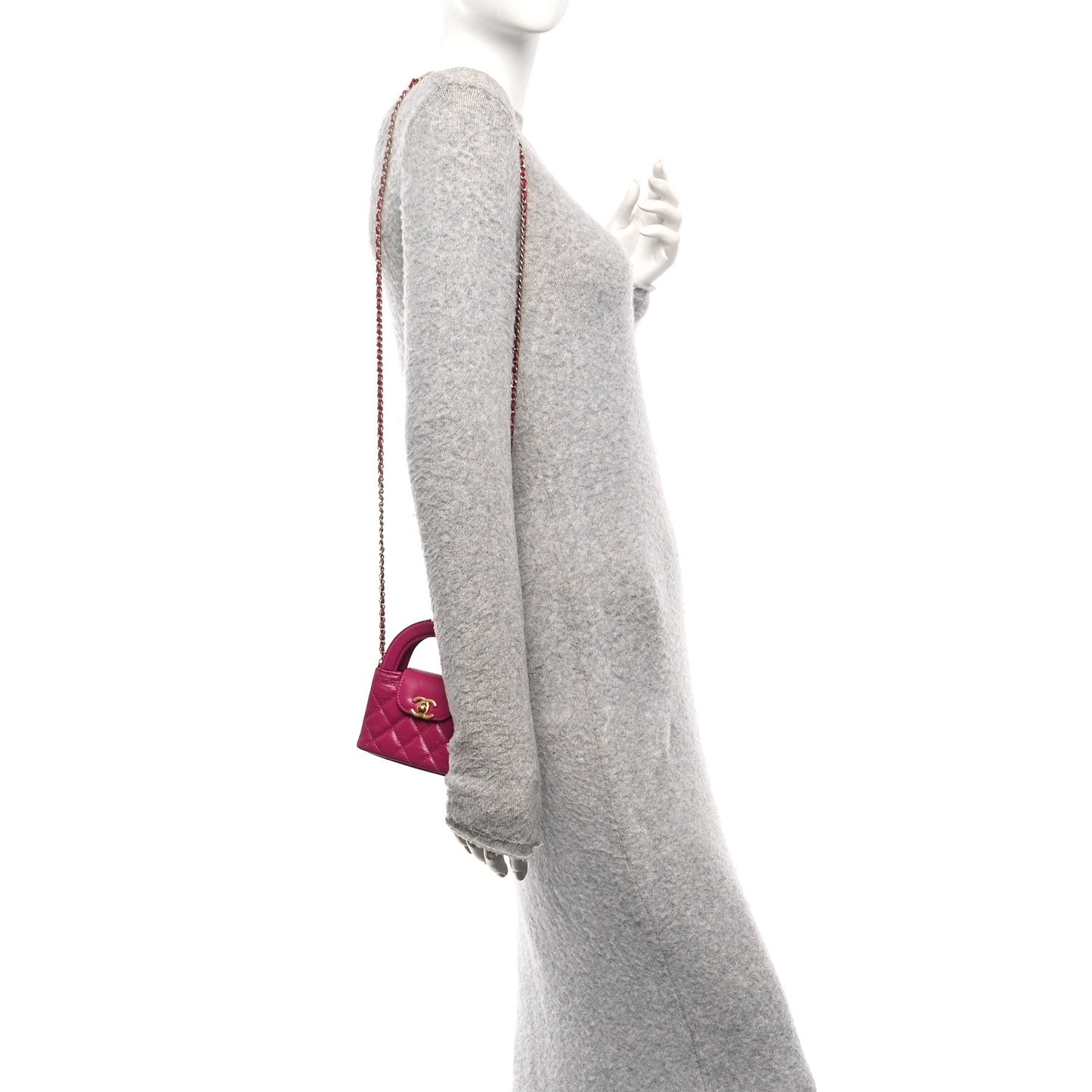 Shiny Aged Calfskin Quilted Mini Nano Kelly Shopper Dark Pink