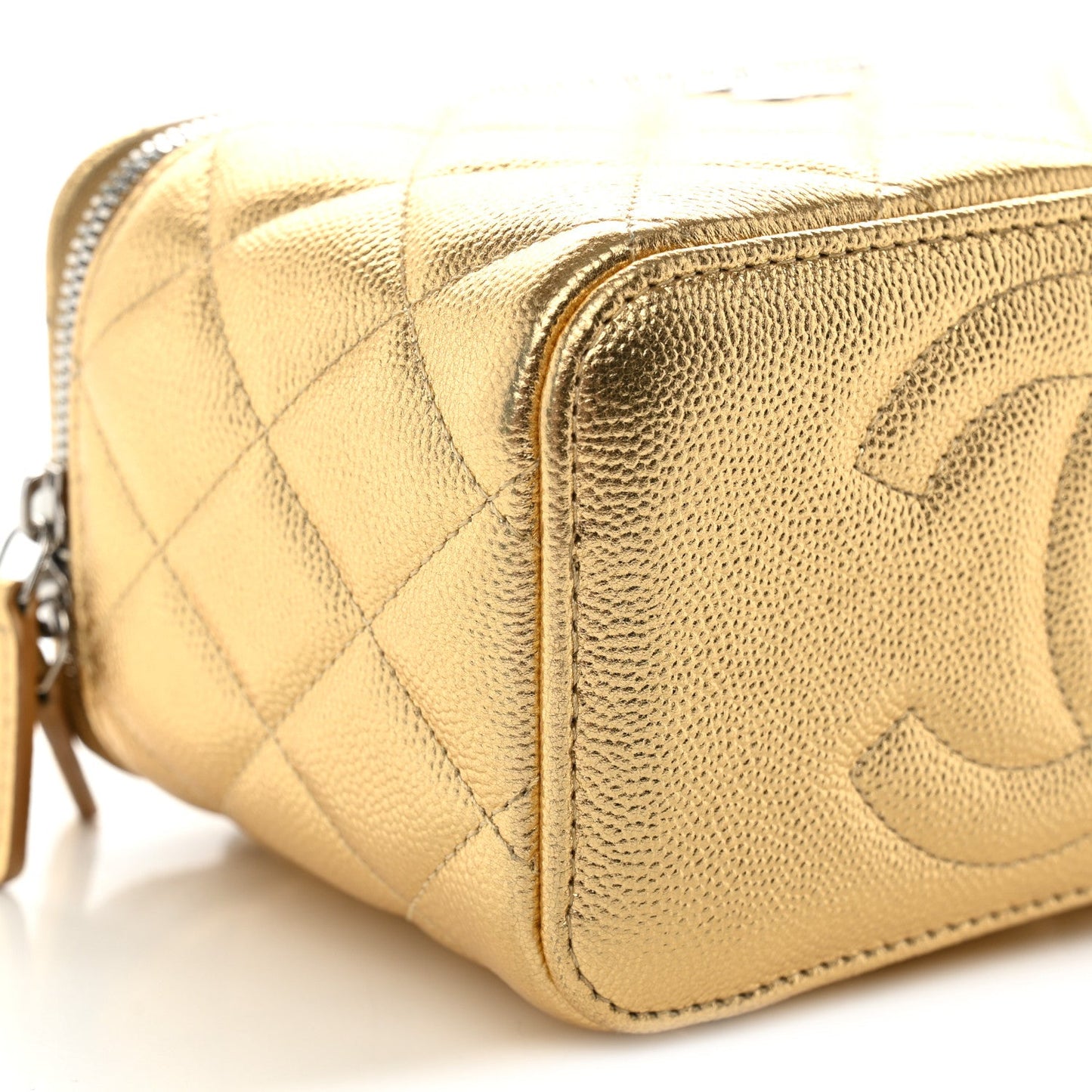 Metallic Caviar Quilted Top Handle Slim Vanity Case With Chain Gold