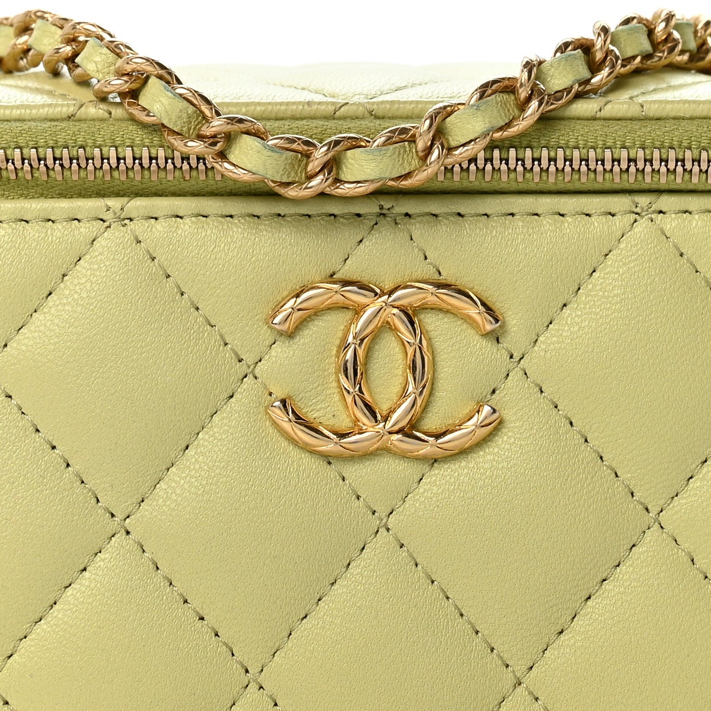 Lambskin Quilted Small Vanity Case With Chain Light Green