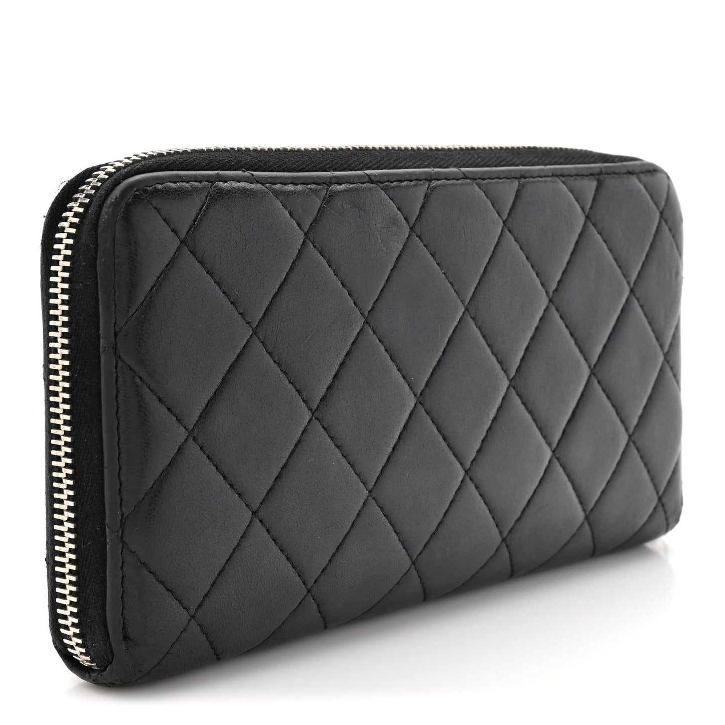 Lambskin Quilted Large Gusset Zip Around Wallet Black