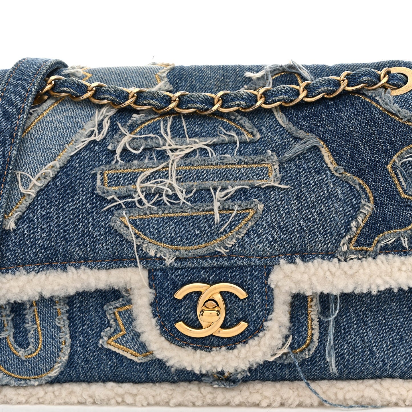 Denim Shearling Hieroglyph Flap Blue