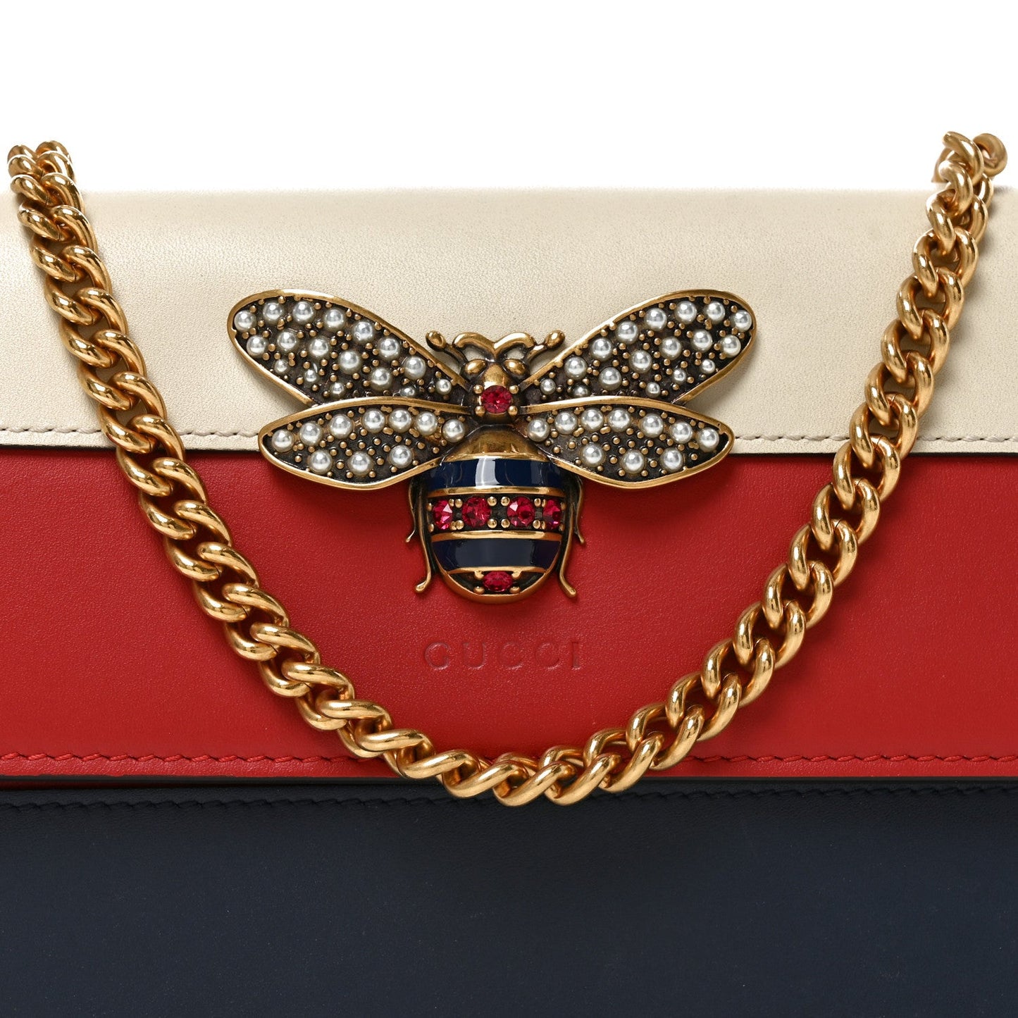 Calfskin Queen Margaret Chain Wallet Blue Agata Hibiscus Red Mystic White