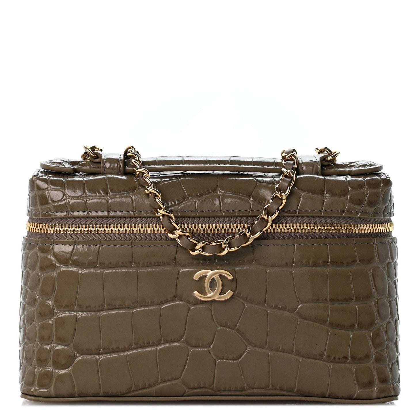 Calfskin Crocodile Embossed Top Handle Trapeze Small Vanity Case With Chain  Dark Khaki