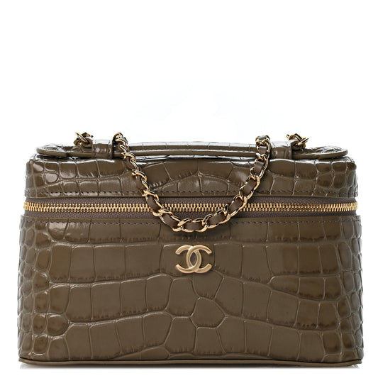 Calfskin Crocodile Embossed Top Handle Trapeze Small Vanity Case With Chain  Dark Khaki