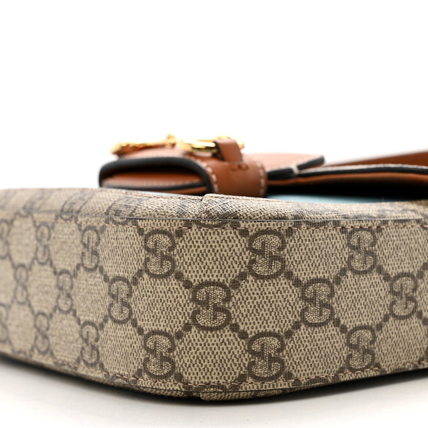 X DANS LE VERT Textured Dollar Calfskin GG Supreme Monogram Web Mini Horsebit 1955 Shoulder Bag Dusty Azure Beige Ebony