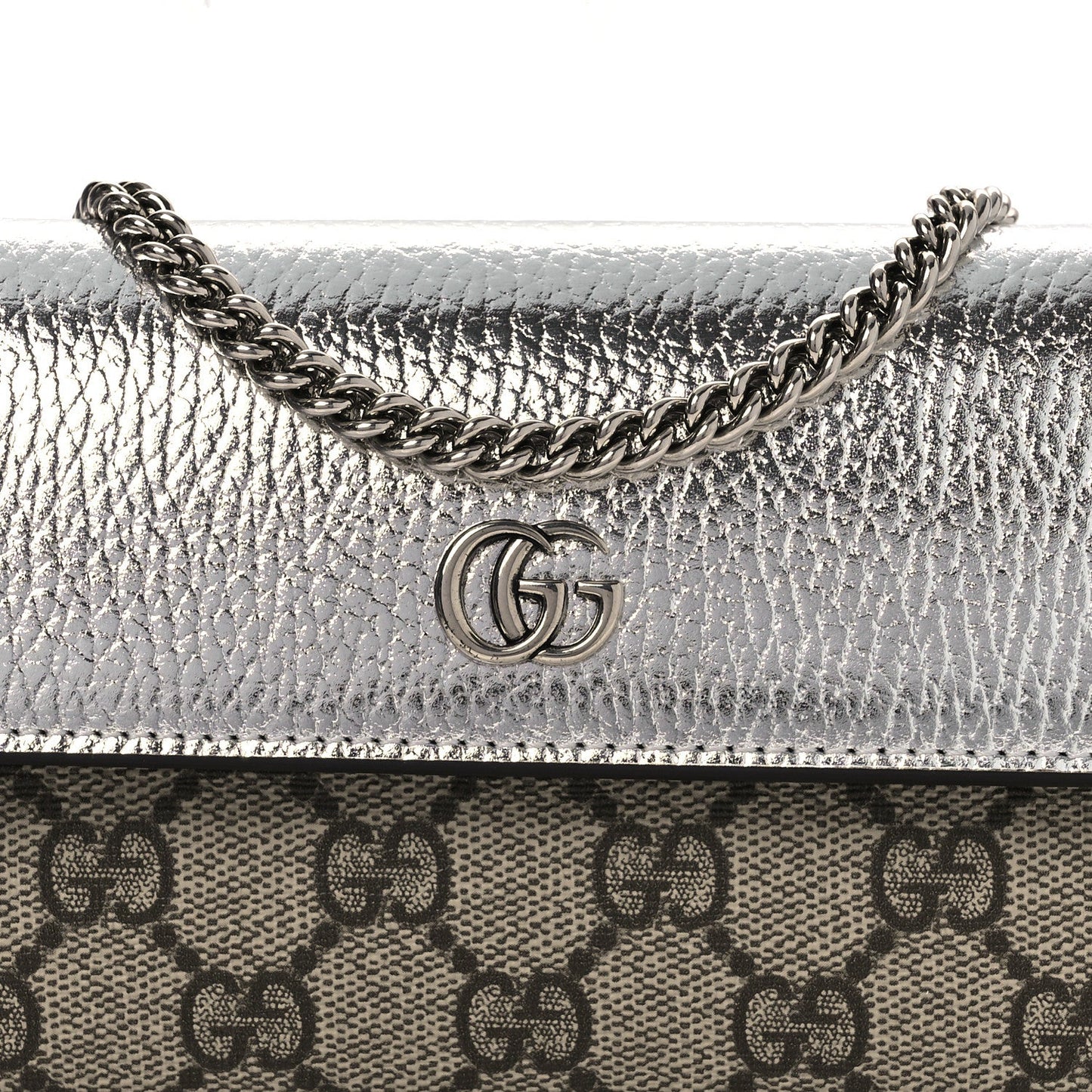 Metallic Calfskin GG Supreme Monogram Petite GG Marmont Wallet Chain Bag Silver Beige Ebony