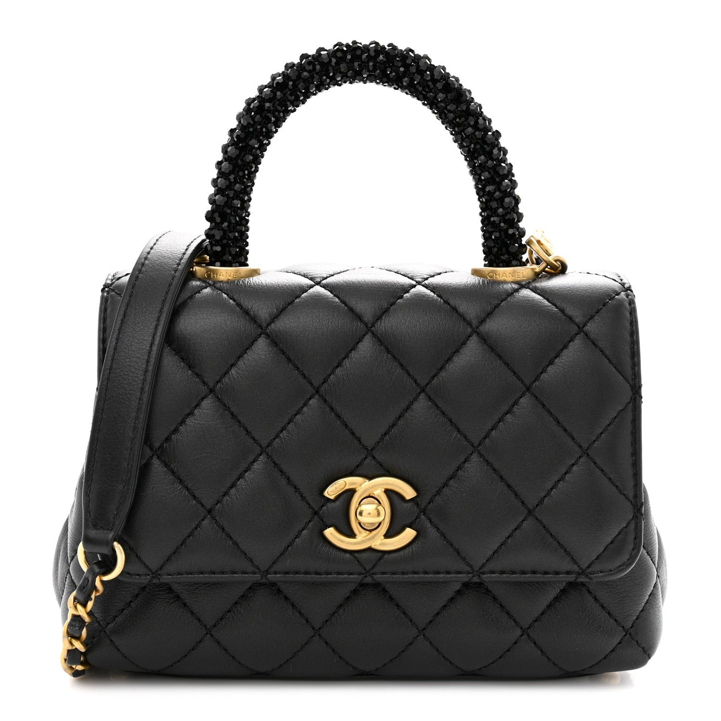 Calfskin Crystal Quilted Extra Mini Coco Handle Flap Black