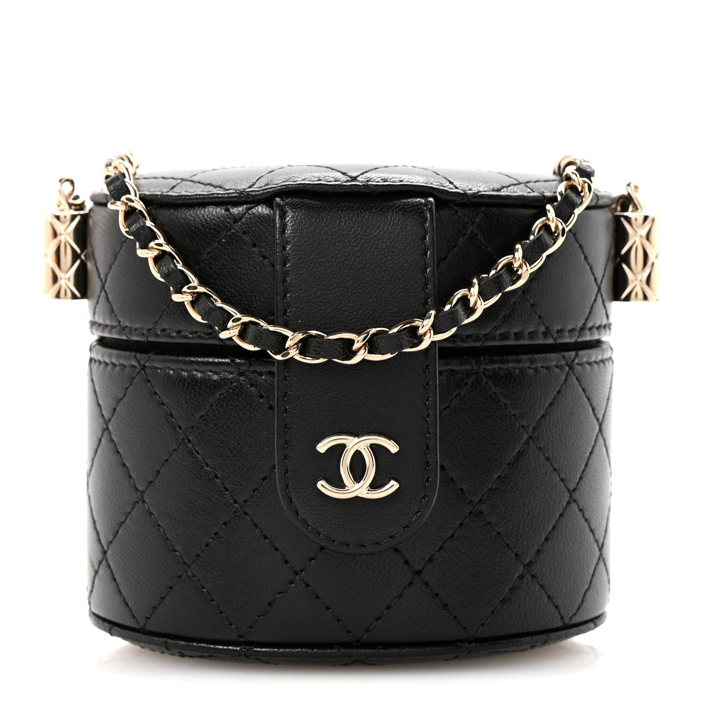 Lambskin Quilted Mini Round Vanity Case With Chain Black
