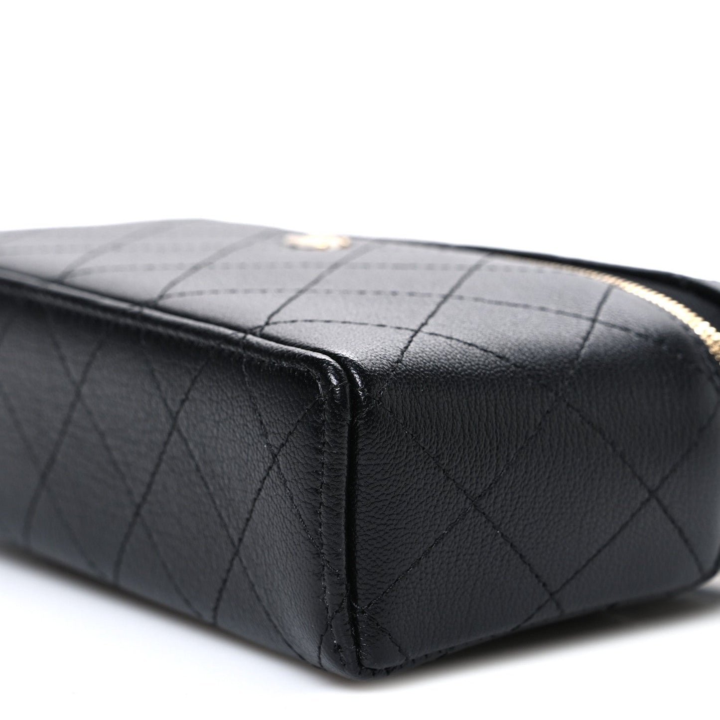 Goatskin Stitched Top Handle Slim Vanity With Chain Black