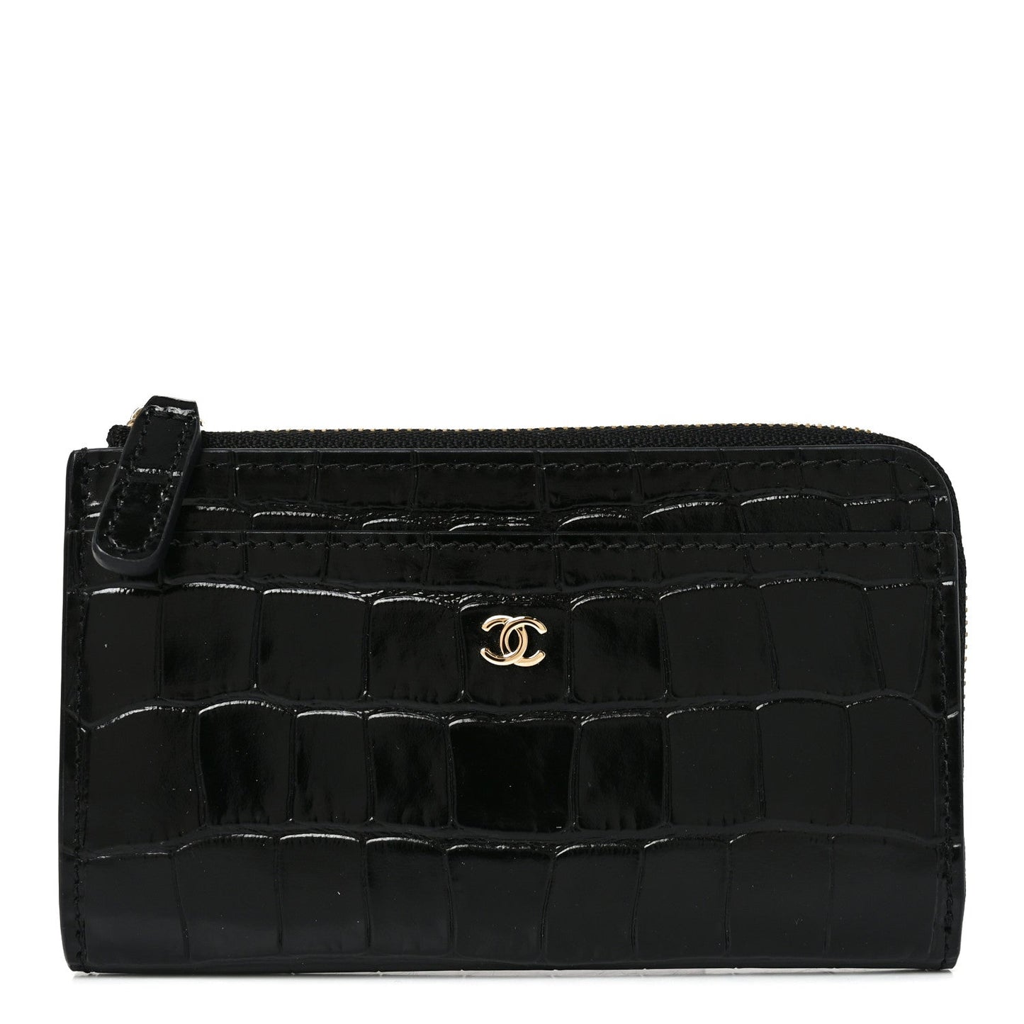 Calfskin Crocodile Embossed Crococo Zipped Card Holder Black