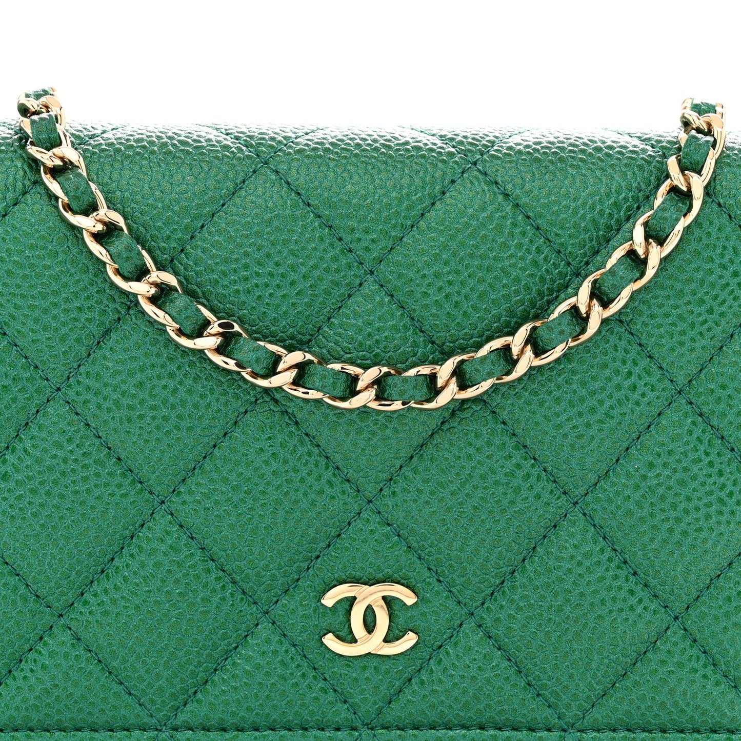 Metallic Caviar Quilted Wallet On Chain WOC Green