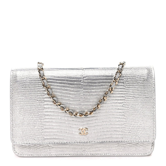 Calfskin Lizard Embossed Wallet on Chain WOC Silver