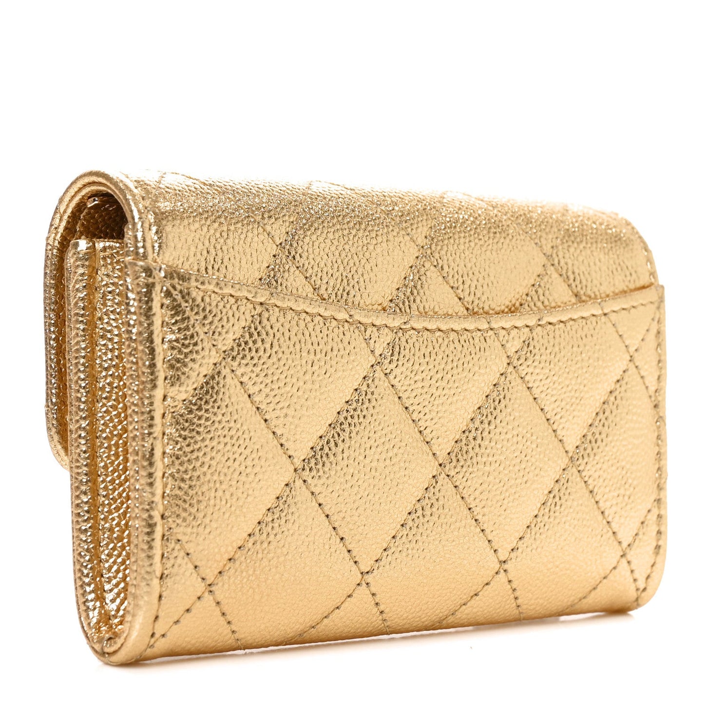 Metallic Caviar Quilted Flap Card Holder Wallet Gold