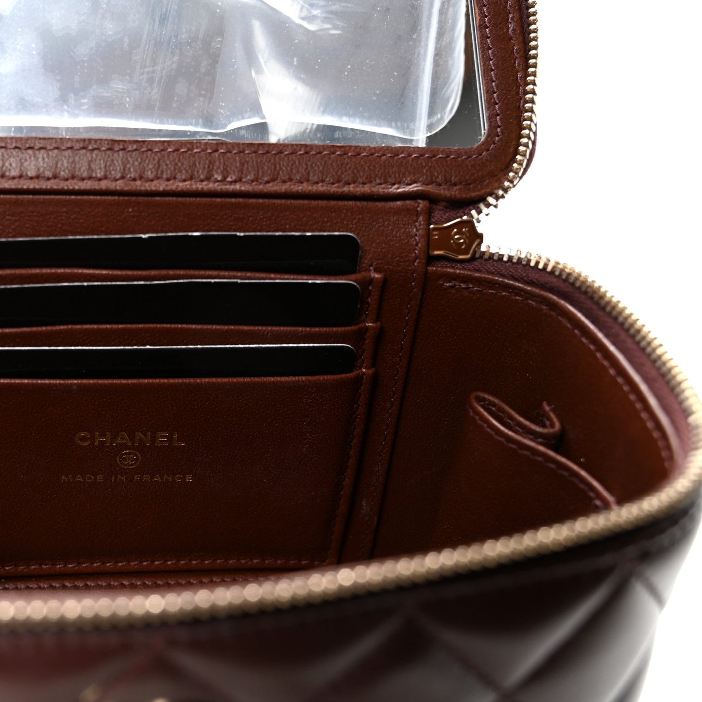 Lambskin Quilted Small Top Handle Vanity Case With Chain Dark Brown