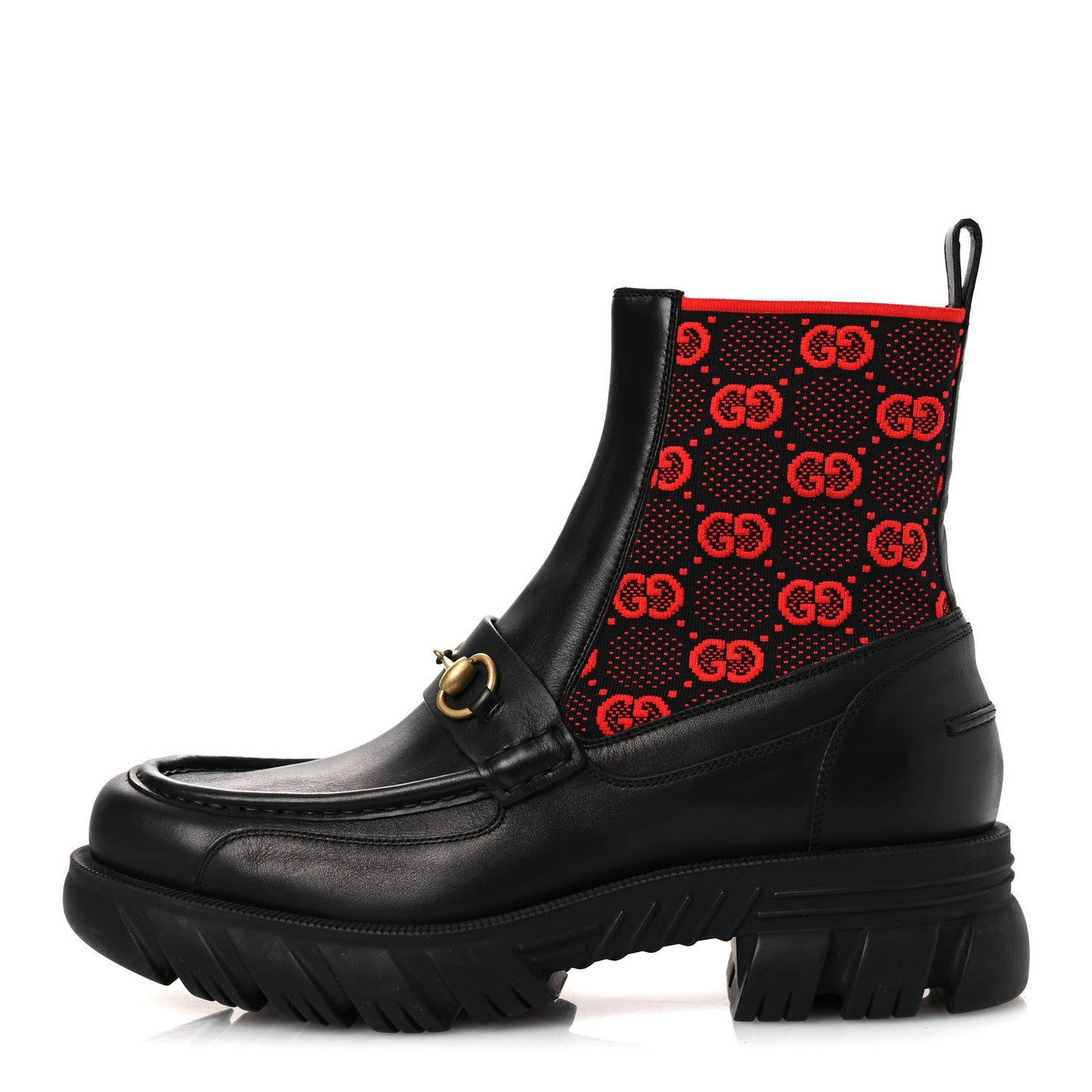 Quebec Calfskin Technical Jersey Knit GG Monogram Mens Horsebit Ankle Boots 11.5 Black Light Hibiscus Red