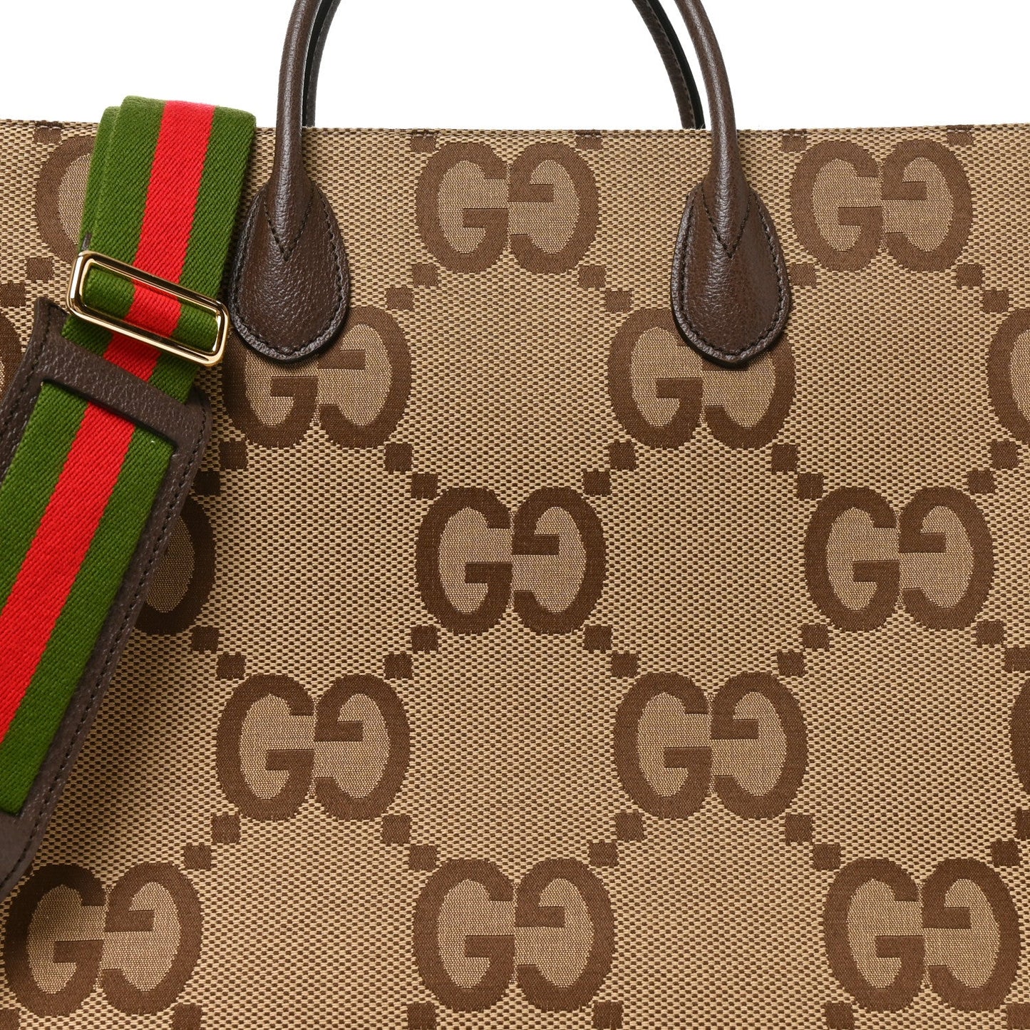 Monogram Jumbo GG Textured Dollar Calfskin Web Tote Bag Camel Ebony New Acero
