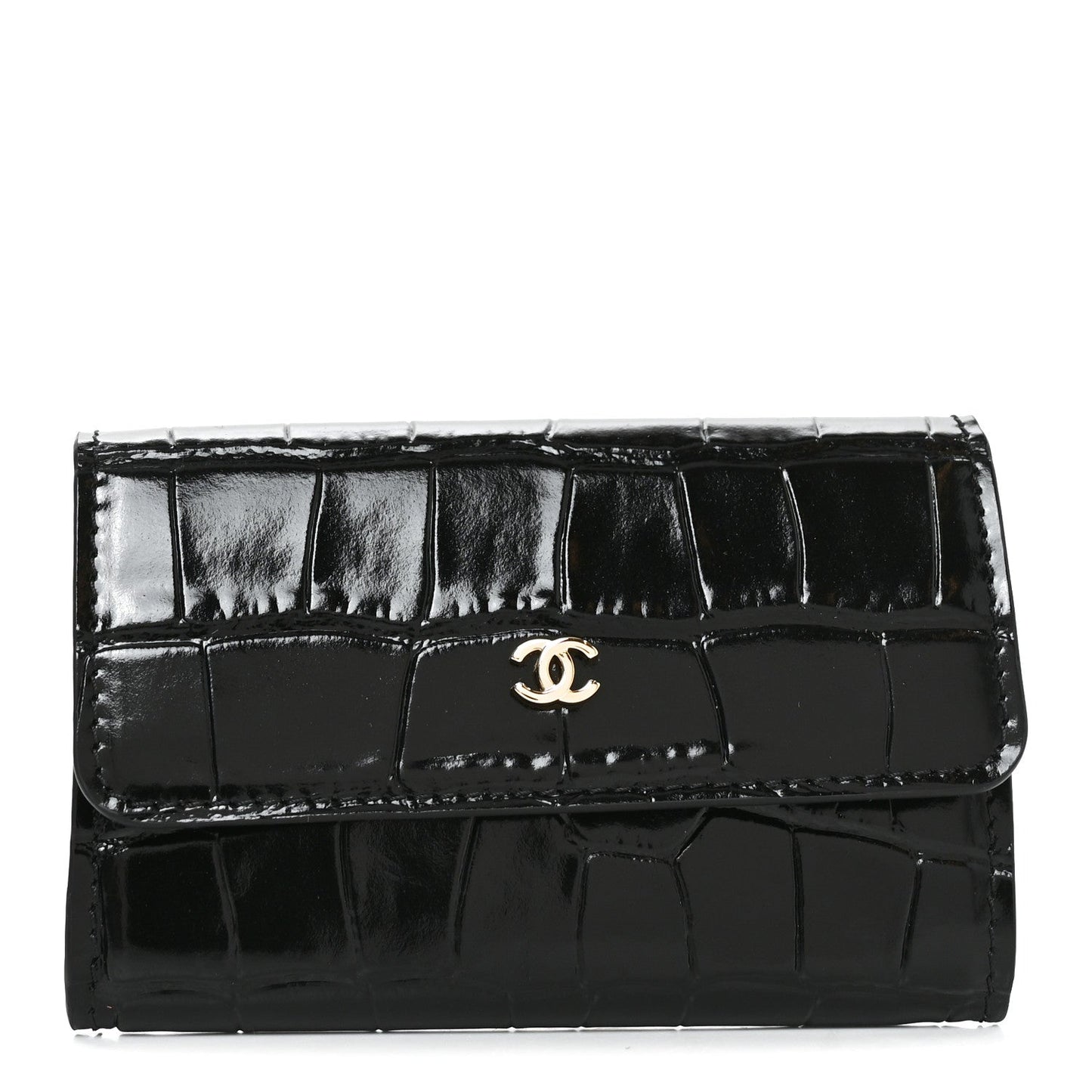 Calfskin Crocodile Embossed Crococo Flap Cardholder Black