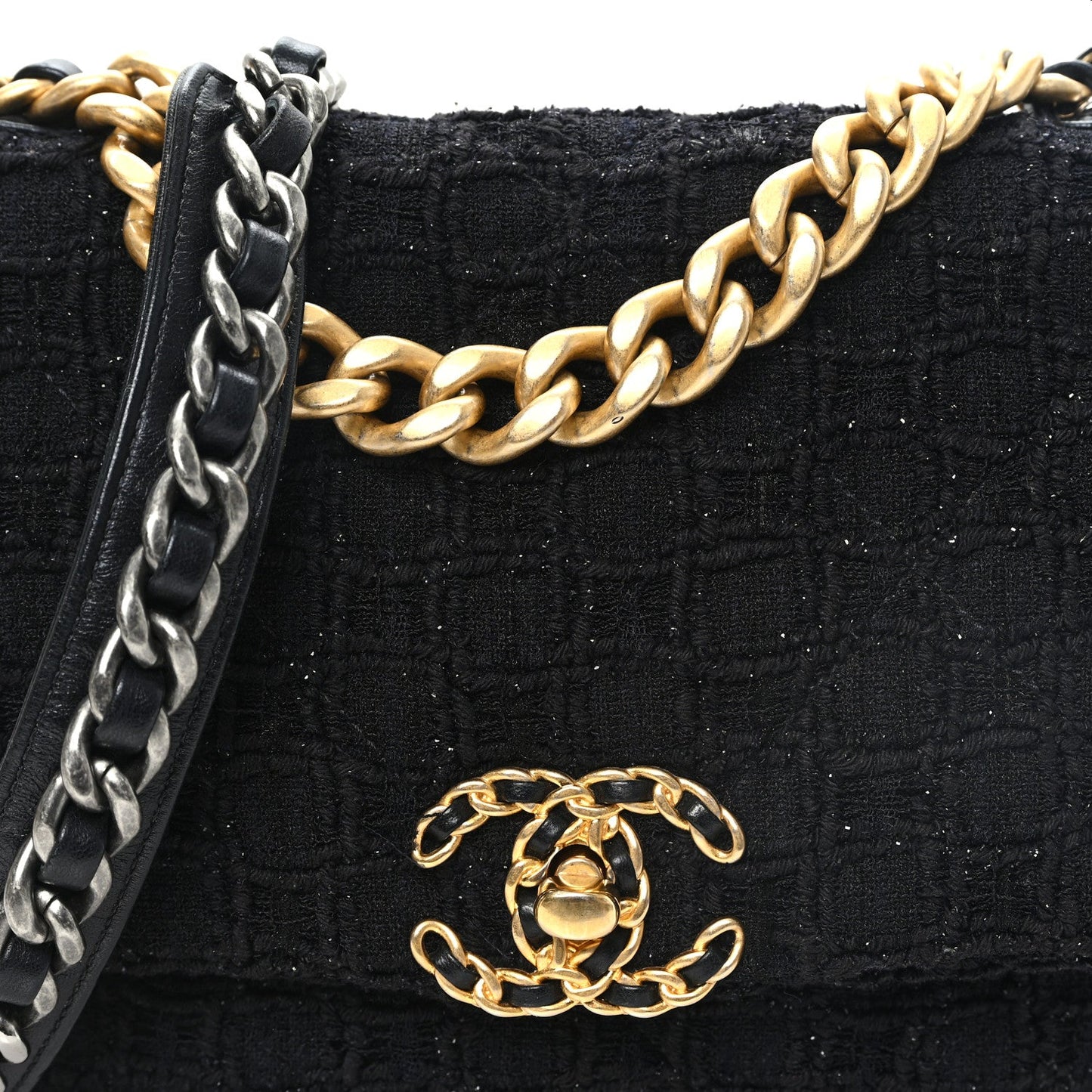 Tweed Quilted Medium Chanel 19 Flap Black Black