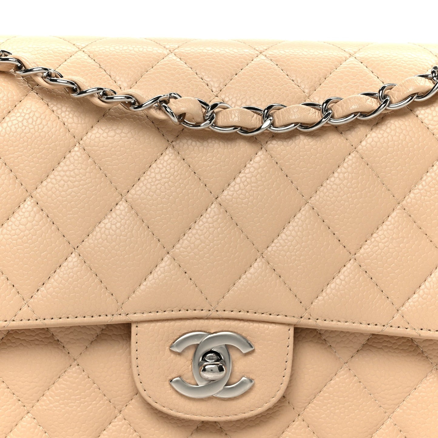 Caviar Quilted Medium Double Flap Beige