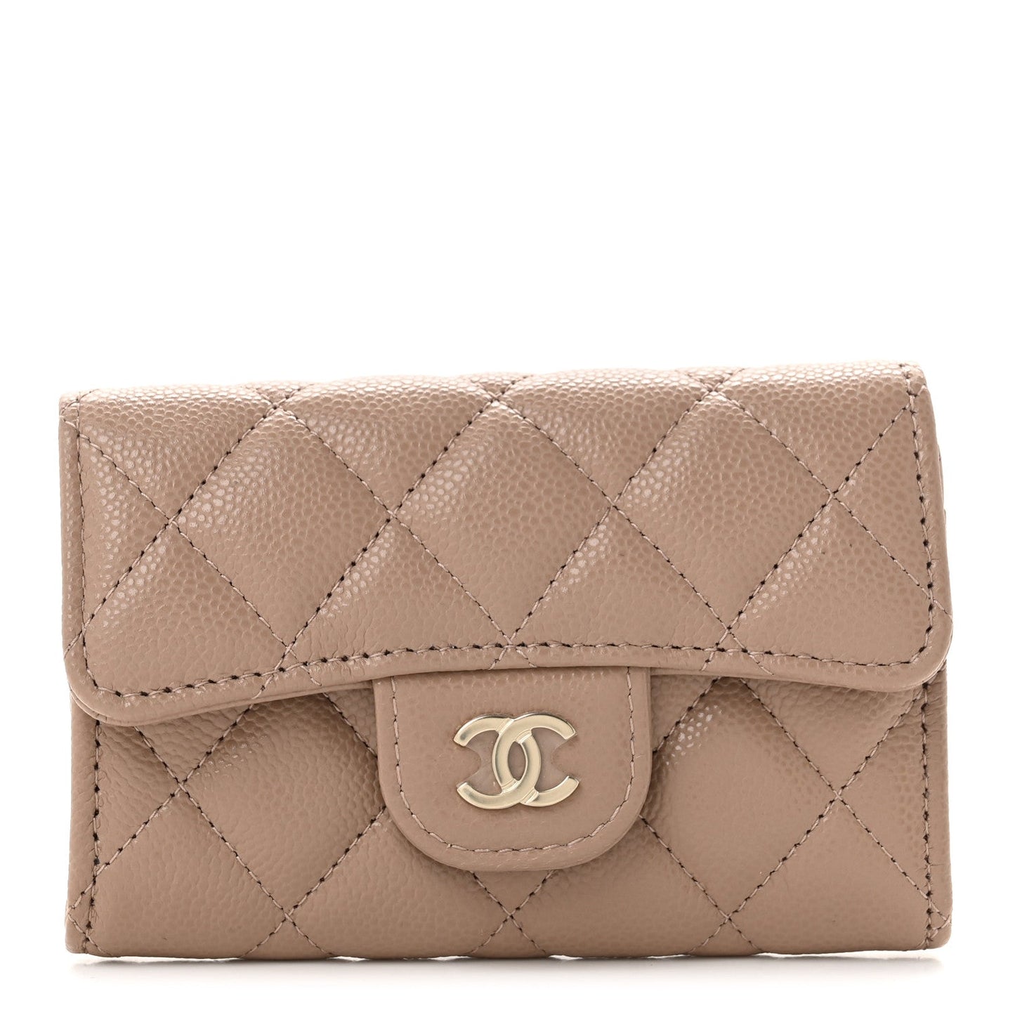 Caviar Quilted Flap Card Holder Wallet Dark Beige