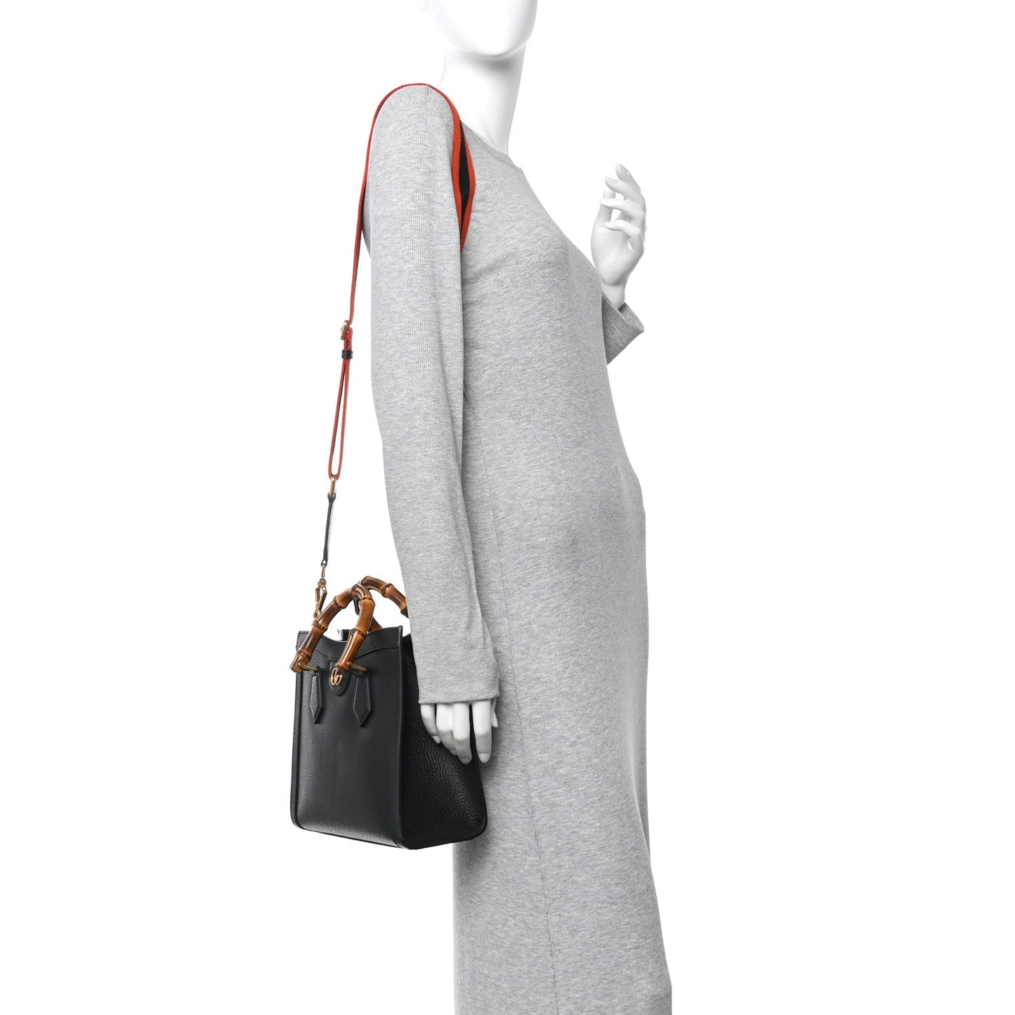 Textured Dollar Calfskin Web Small Diana Tote Bag Black Dusty Grey