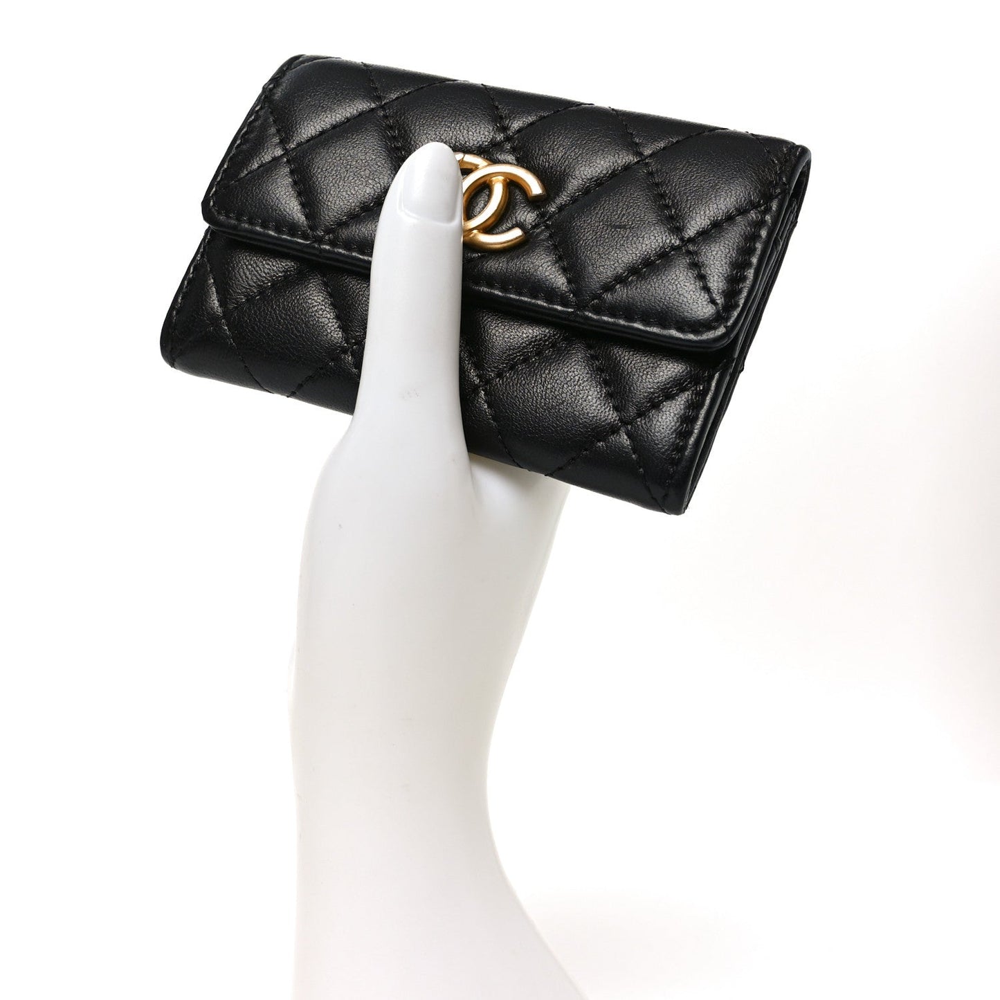Lambskin Quilted Flap Card Holder Black