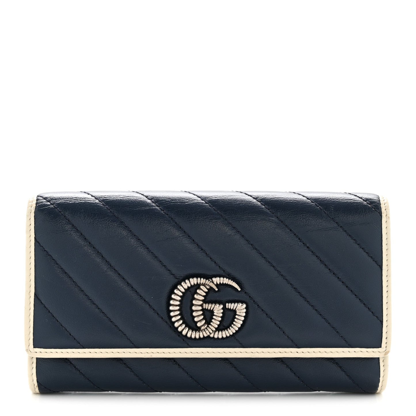 Vintage Effect Calfskin Matelasse Diagonal Torchon GG Marmont Continental Wallet Blue Agata Mystic White