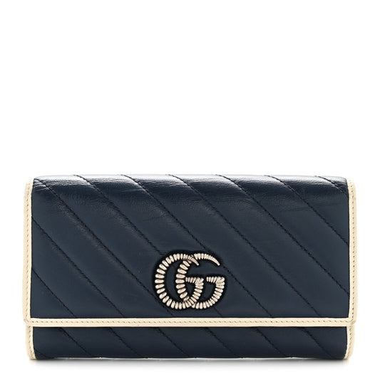 Vintage Effect Calfskin Matelasse Diagonal Torchon GG Marmont Continental Wallet Blue Agata Mystic White