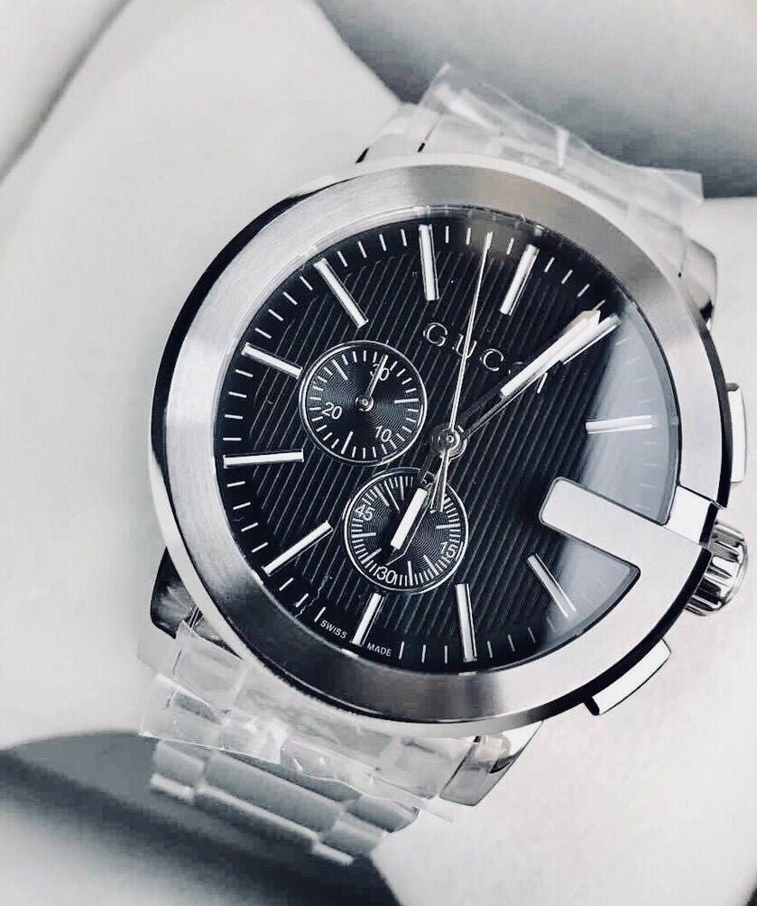 Gucci G Chrono Black Dial Silver Steel Strap Watch For Men - YA101204