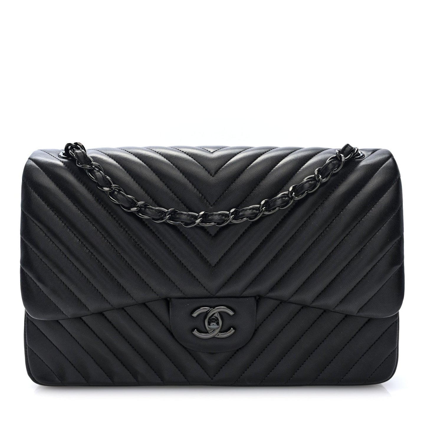 Lambskin Chevron Quilted Jumbo Double Flap  So Black