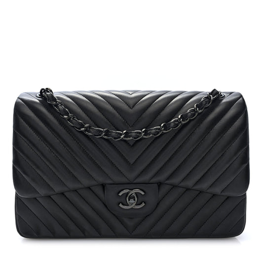 Lambskin Chevron Quilted Jumbo Double Flap  So Black