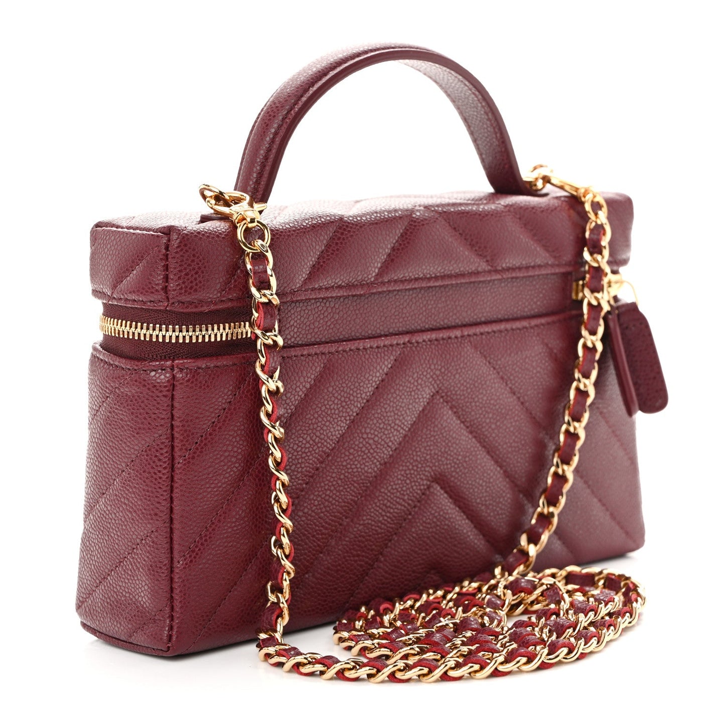 Caviar Chevron Quilted Top Handle Slim Vanity With Chain Burgundy