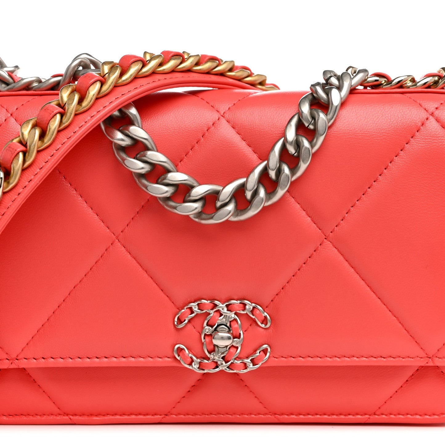 Lambskin Quilted Chanel 19 Wallet On Chain WOC Coral