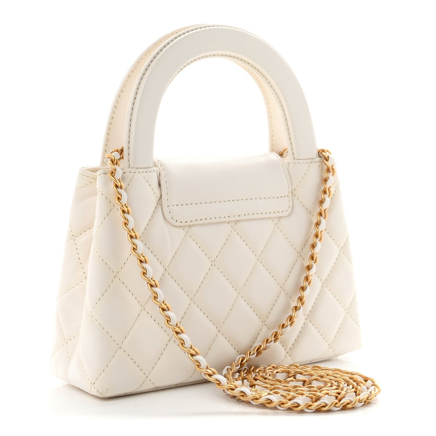 Shiny Aged Calfskin Quilted Nano Kelly Shopper White