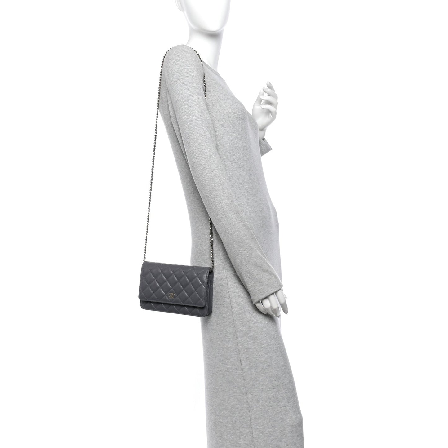 Caviar Quilted Wallet on Chain WOC Grey