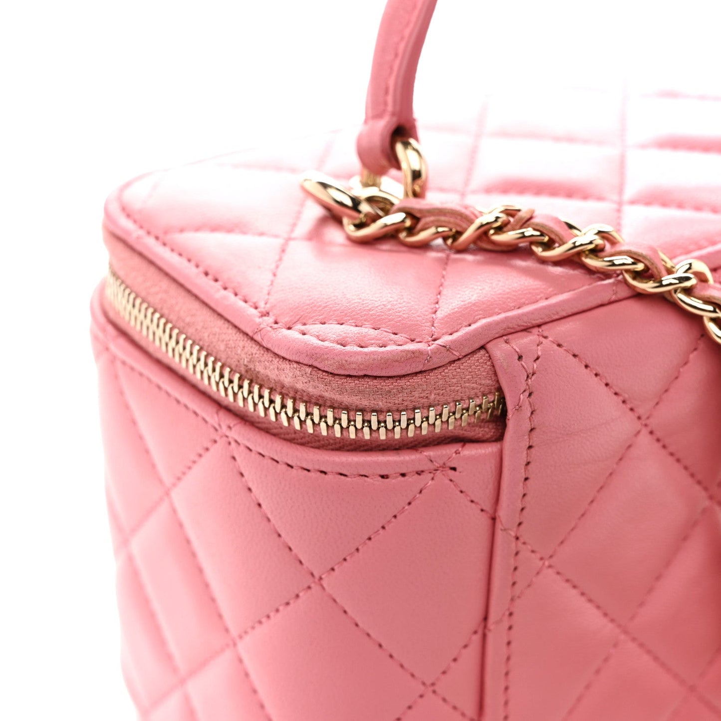 Lambskin Quilted Small Top Handle Vanity Case With Chain Pink