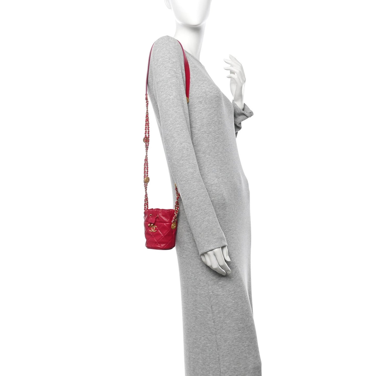 Caviar Quilted Twist Your Buttons Mini Bucket Bag Fuchsia