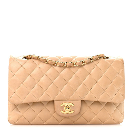 Lambskin Quilted Medium Double Flap Beige