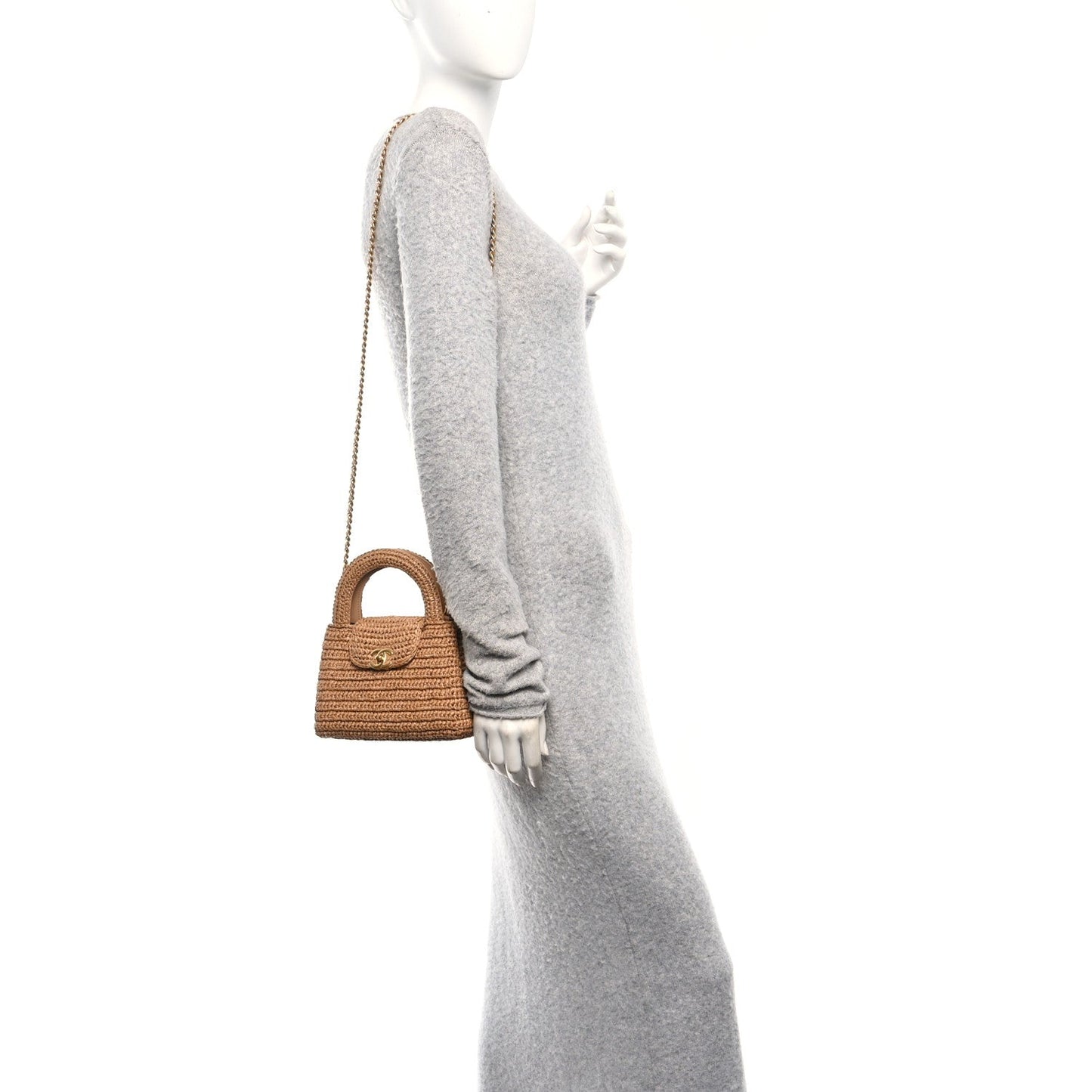 Braided Raffia Nano Kelly Flap Bag Dark Beige