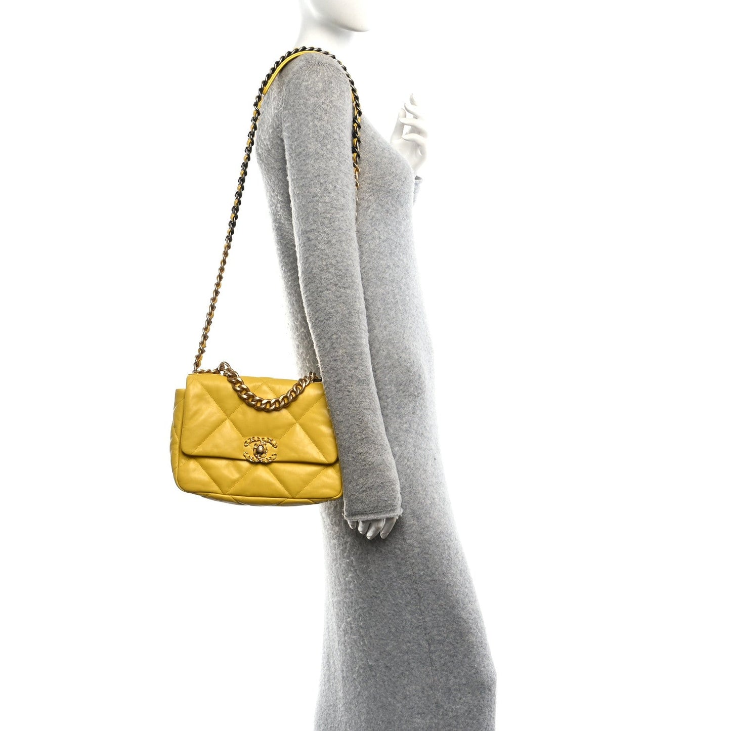 Shiny Goatskin Quilted Medium Chanel 19 Flap Yellow