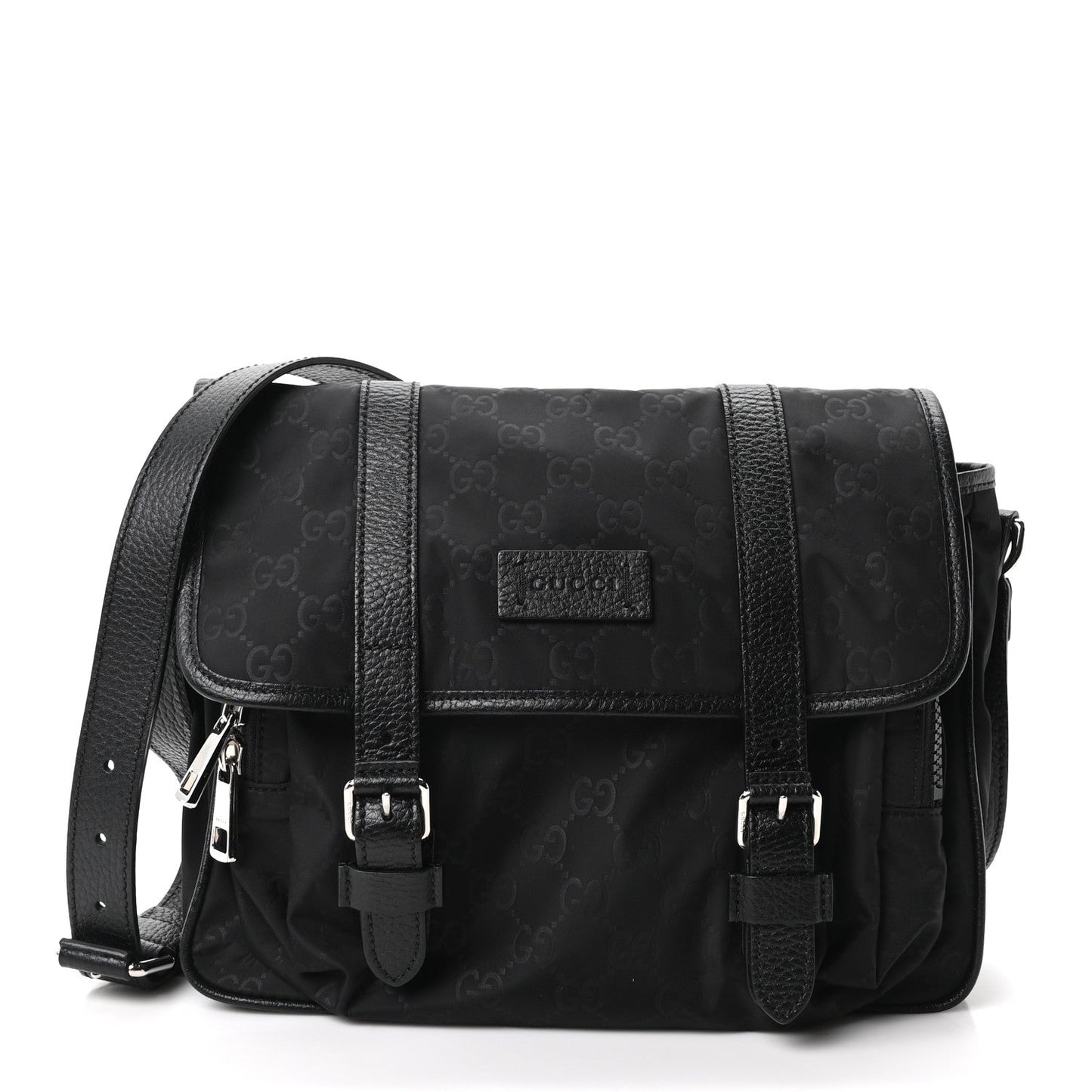 Nylon Monogram Double Buckle Flap Messenger Bag Black